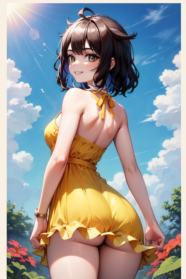 2491715-1884025054-masterpiece, best quality, absurdres, perfect anatomy, 1girl, solo, Kjera, short hair, hair flaps, from behind, sundress, yellow.png
